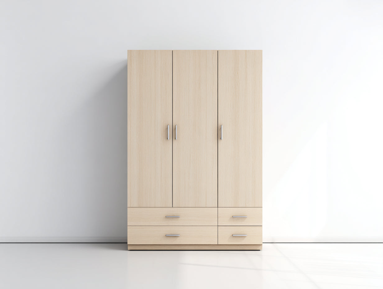 Kleiderschrank 150x55x200 cm - Holzoptik in Beige - moderner Stauraum mit 3 Türen und 4 Schubladen