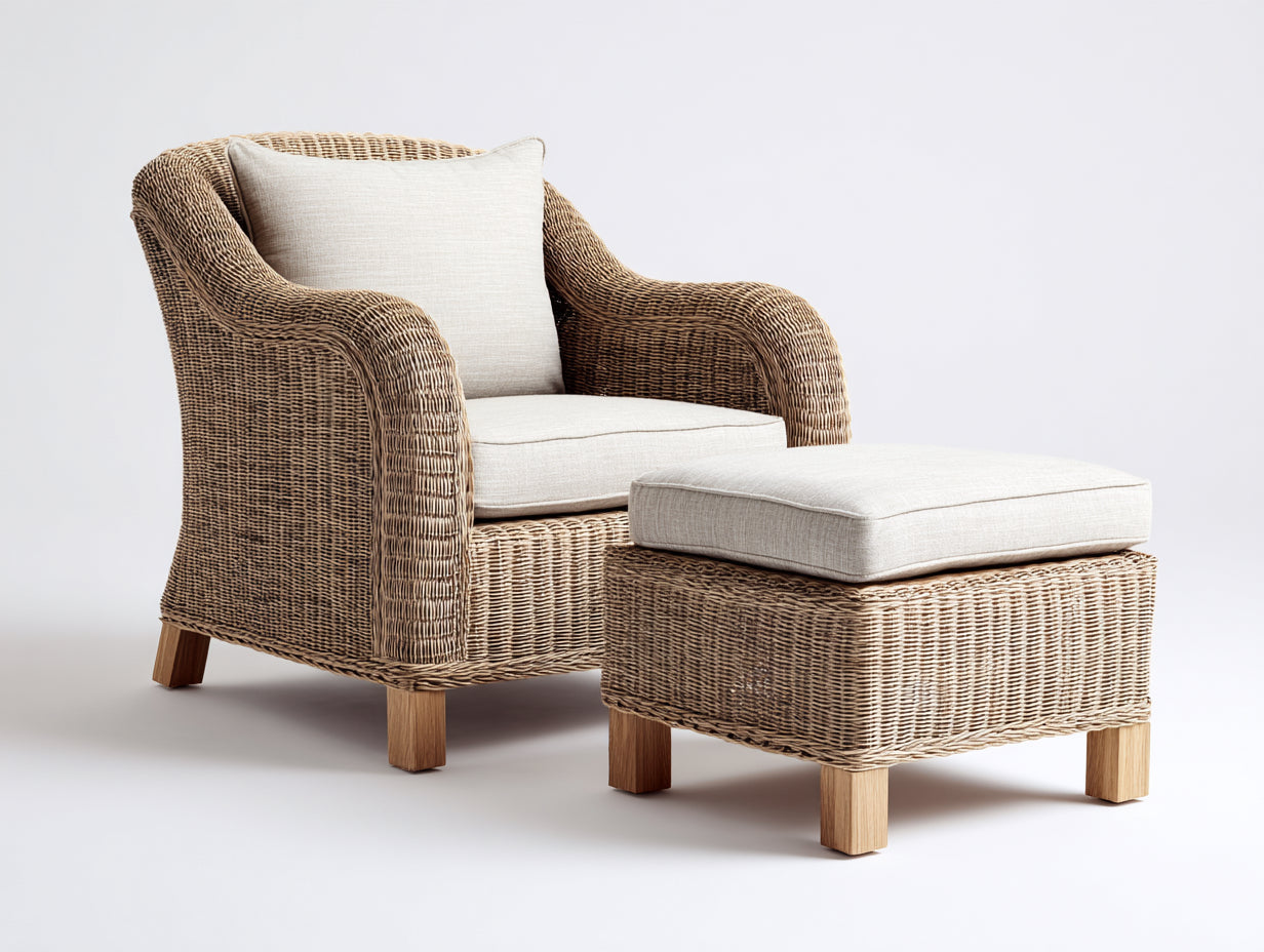 Polyrattan Gartensessel mit Hocker 86x80x88 cm - Natur-Beige - Für Garten - Klassisches Design