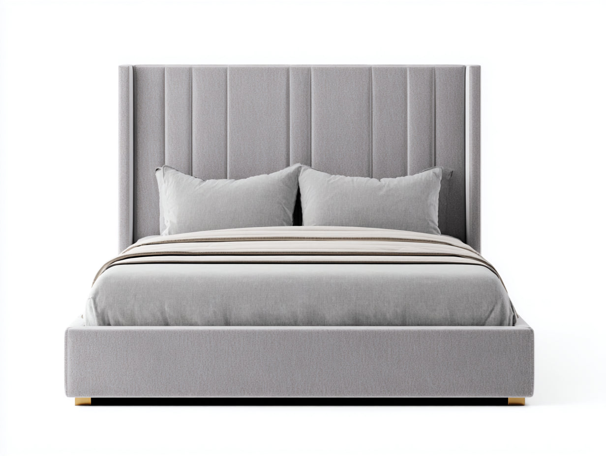 Doppelbett 220x170x118 cm - Stoffbezug in Hellgrau - gepolstertes Design mit hohem Kopfteil