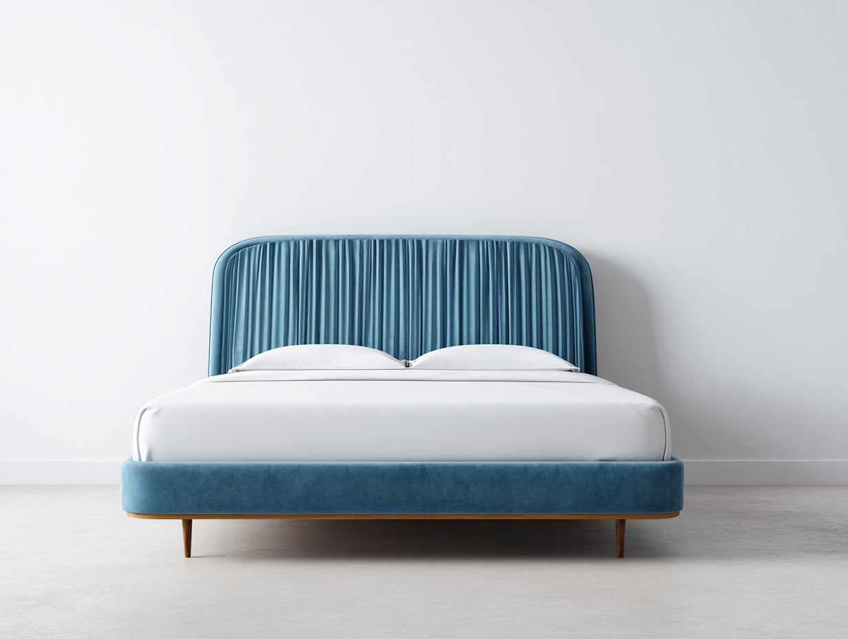 Doppelbett 210x170x105 cm - gepolsterter Samtstoff in Blau und Holzbeine - moderner Stil