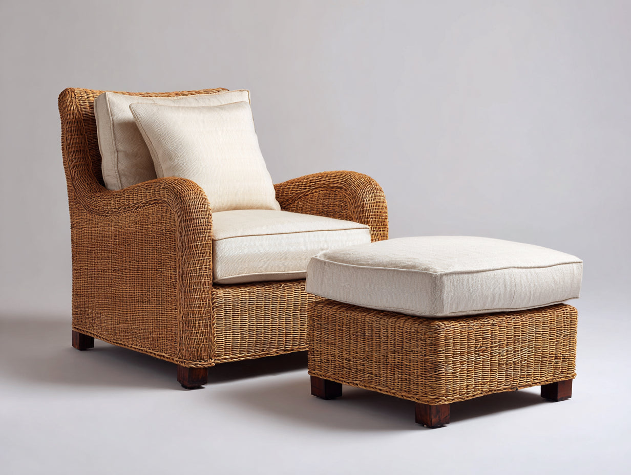 Polyrattan Gartensessel Geflecht 90x86x88 cm - Natur-Beige - mit Hocker